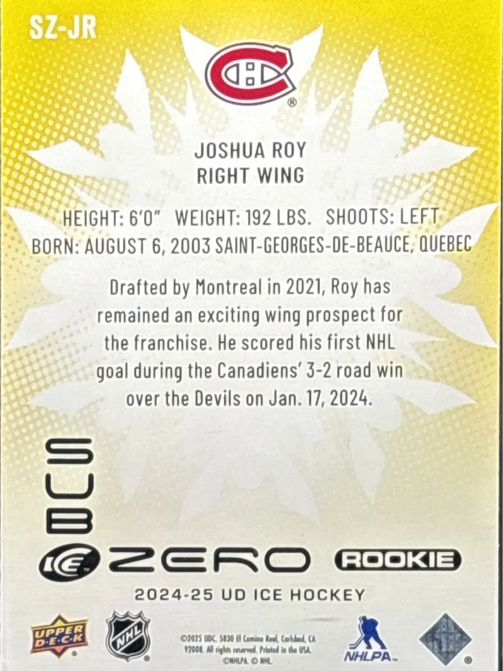 Upper Deck Joshua Roy Canadiens Rookie Trading Card - LE 224/699